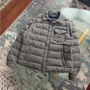 Polo Ralph Lauren Grey Wool Herringbone Down Puffer Shirt Jacket